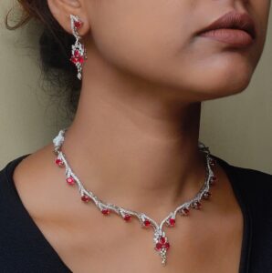 Thea's Ruby Red AD Stone Studded Nekclace Set