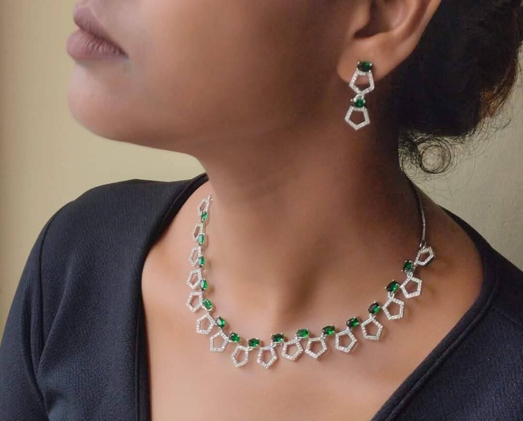 Thea's Green & White AD Stone Studded Necklace Set