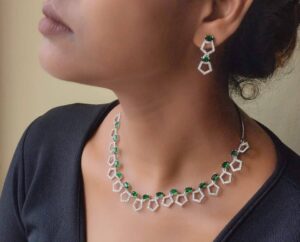 Thea's Green & White AD Stone Studded Necklace Set