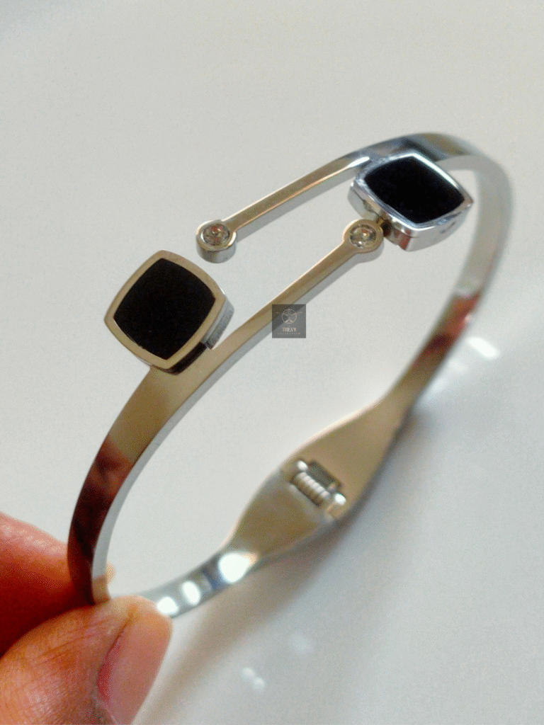 Thea's Black Stoned Silver Toned Geometric Bracelet