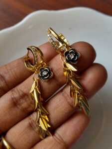 Thea's Black Floral & Leaf Drop Hoop Earrings