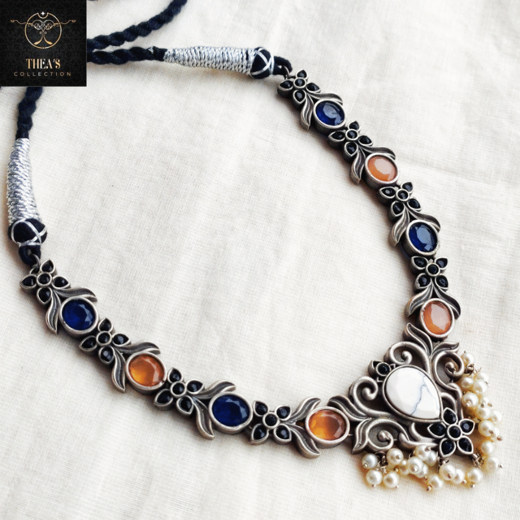 Thea's Floral Motif Necklace with Pearl Drops