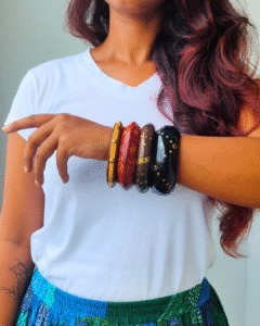 Thea's Bold Wooden Bangle Stack