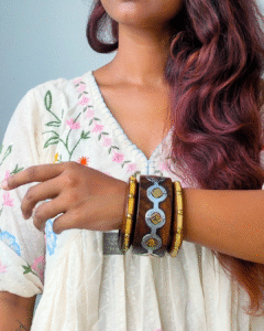 Thea's Geometric Metallic Wooden Bangle Stack