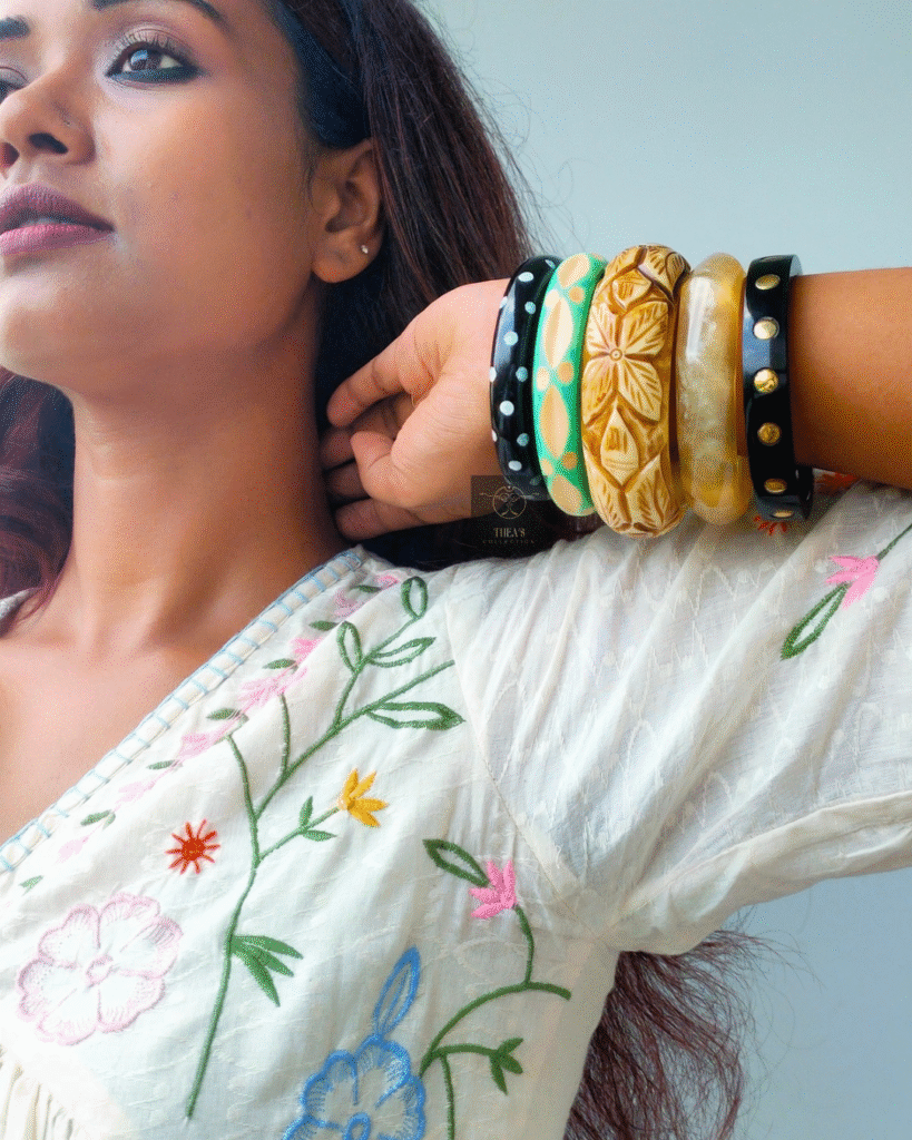 Thea's Colorful Wooden & Resin Bangle Stack