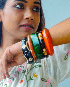 Thea's Colorful Wooden & Resin Bangle Stack
