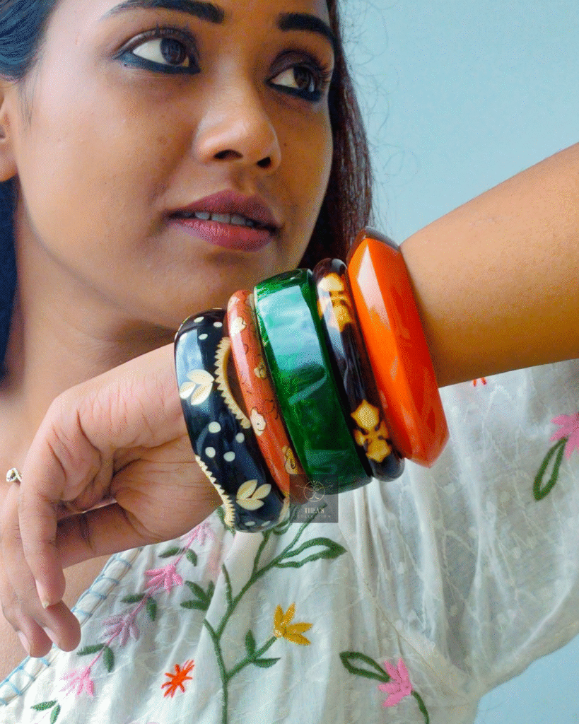Thea's Colorful Wooden & Resin Bangle Stack