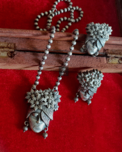 Thea's Antique Silver Floral Lady Face Necklace Set