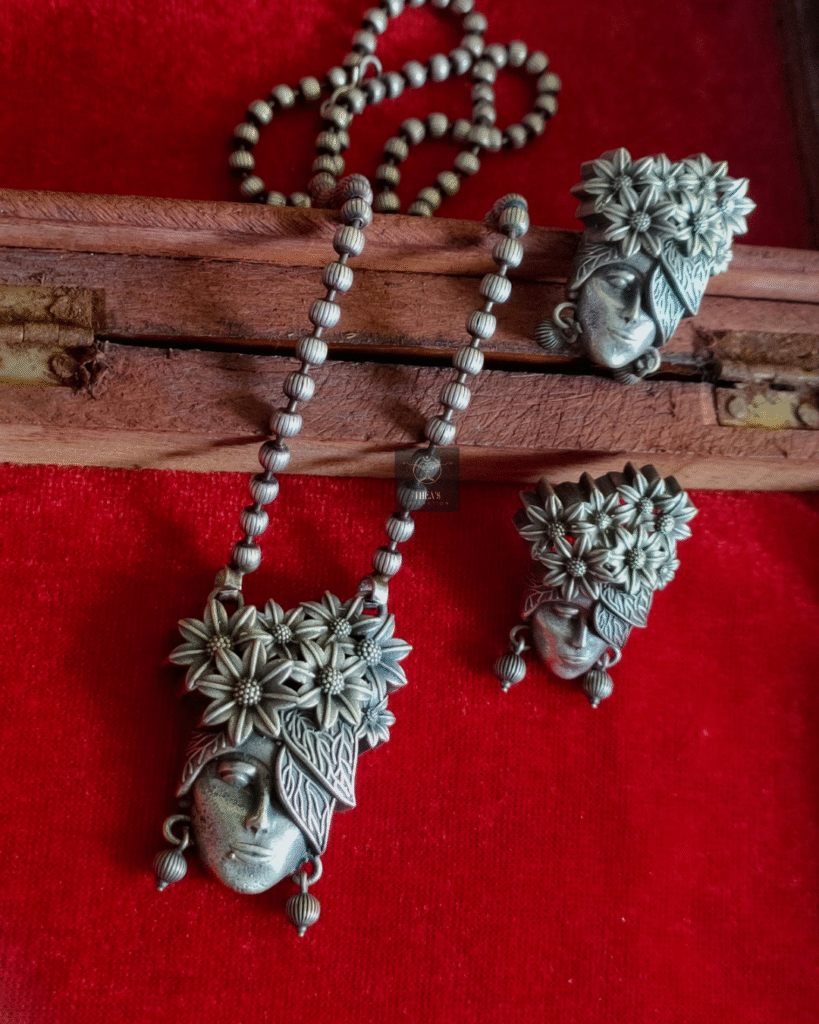 Thea's Antique Silver Floral Lady Face Necklace Set