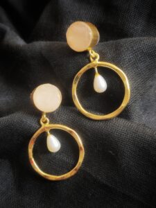 Thea's Peach Stone & Pearl Drop Circle Earrings