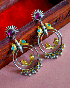 Thea's Sunburst Dual-Tone Peacock Charm Earrings
