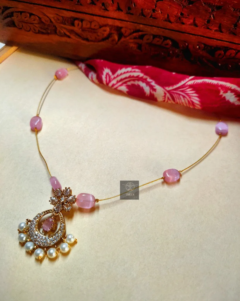 Thea's Ruby Pink Pendant with Pearl Drops Invisible Chain Necklace