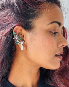 Thea's Elegant Green Droplet Vine Earcuffs