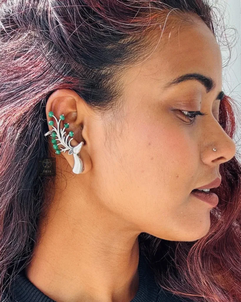 Thea's Elegant Green Droplet Vine Earcuffs