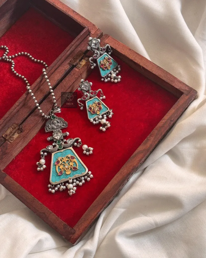Thea's Fusion Turquoise Stone Meenakari Pendant Necklace Set
