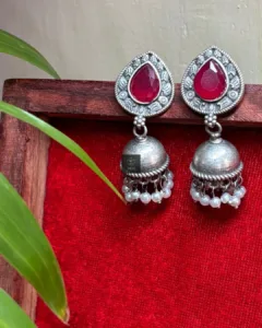 Thea's Ruby Glow Silver Oxidised Jhumka