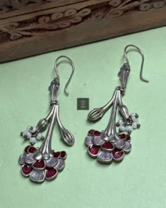 Thea's Crimson Bloom Silver Oxidised Earrings