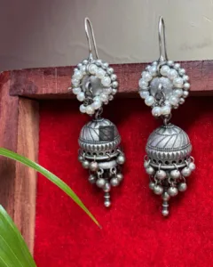 Thea's Pearl Bloom Oxidised Silver Jhumka