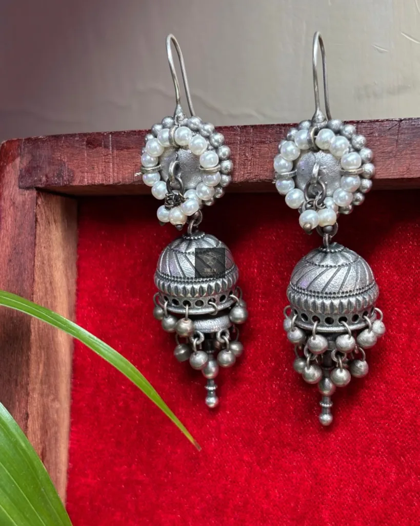 Thea's Pearl Bloom Oxidised Silver Jhumka
