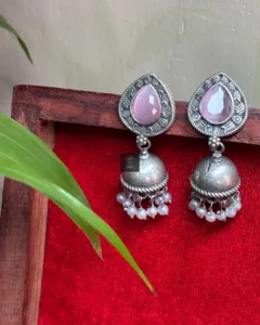 Thea's Blush Stone Silver Oxidised Jhumka